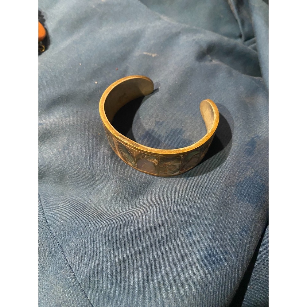 Vintage Mexico Abalone Inlay Brass Cuff Bracelet Artisan Handcrafted Bangle